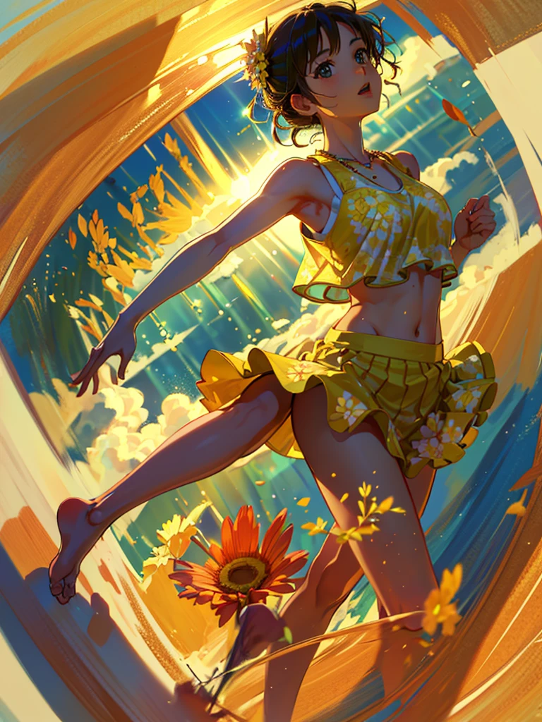masterpiece, high-quality, a beautiful young woman having fun in a wide grassland, wearing a floral sleeveless top, wearing a flowy knee-length skirt, the background is a sunny meadow, perfect face, perfect hands