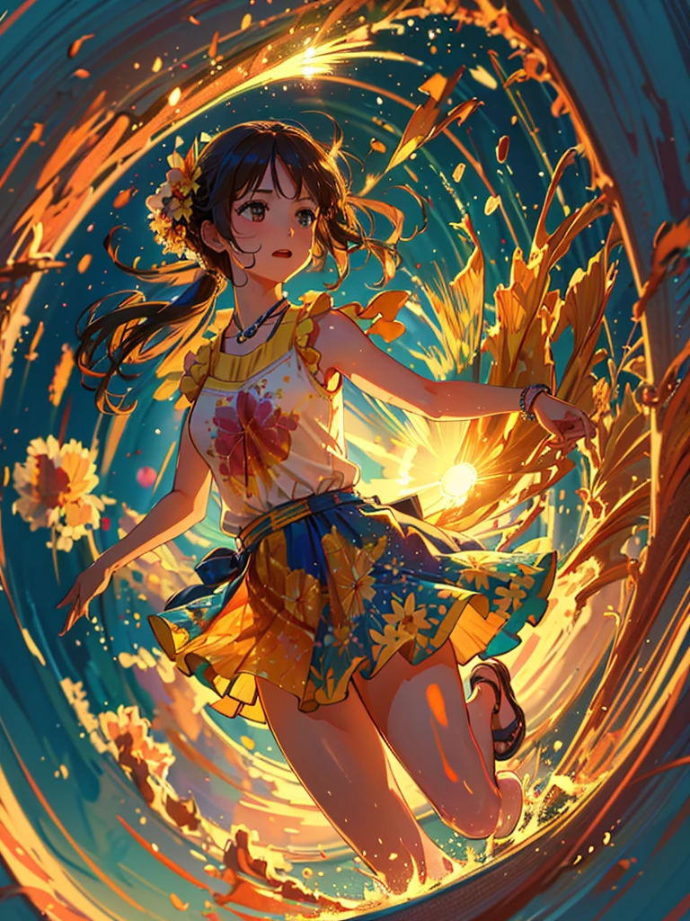 masterpiece, high-quality, a beautiful young woman having fun in a wide grassland, wearing a floral sleeveless top, wearing a flowy knee-length skirt, the background is a sunny meadow, perfect face, perfect hands