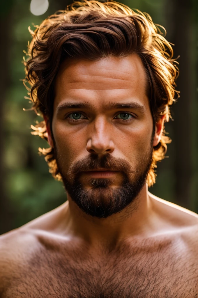 (((hd closeup photo))), one standing Johnny Smith, brazilian dark ginger hair and beard, Alto looking at camera, 36 years old, in forest, short hair and short beard, dark brown eyes