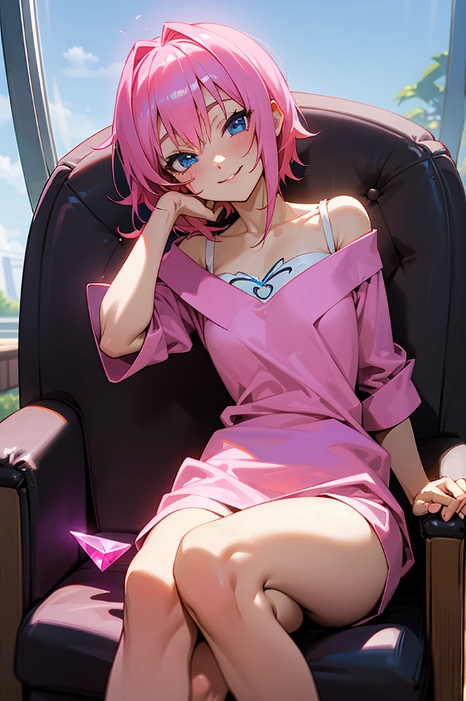 Lala satalin deviluke from the anime de to love ru, sitting in a chair with a smile, pink hair, crystal blue eyes, Perfect face, perect body