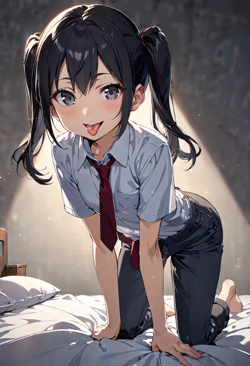 front view,looking at viewer, looking ahead,from above,cowboy shot,1girl,Beautiful 11 year old girl,Japanese,Slender,,low length,Small breasts,Thin legs,Small Ass,Baby Face,Small face,Black Hair,Row Twin Tails,Gray Eyes,Drooping eyes,middle School girls,Tie pants,open mouth,tongue out,front face,Kneeling,Put your chin forward,Beautiful and detailed anime art,naughty smile,Sexy vibe,cum on tongue,Dimly lit room,On the bed,Simple Background,Gray background,Low lighting,finger to mouth