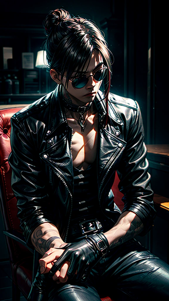 a stylish korean man with long hair tied in bun, wearing black round sunglasses, black leather gloves, dark clothing, sitting on a chair in a dark environment, dynamic point of view, best quality, ultra-detailed, photorealistic, vivid colors, dramatic lighting, chiaroscuro, dark and moody atmosphere, masculine, charismatic, punk style