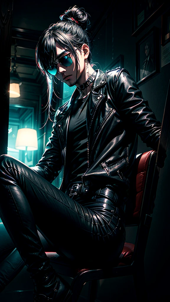 a stylish korean man with long hair tied in bun, wearing black round sunglasses, black leather gloves, dark clothing, sitting on a chair in a dark environment, dynamic point of view, best quality, ultra-detailed, photorealistic, vivid colors, dramatic lighting, chiaroscuro, dark and moody atmosphere, masculine, charismatic, punk style