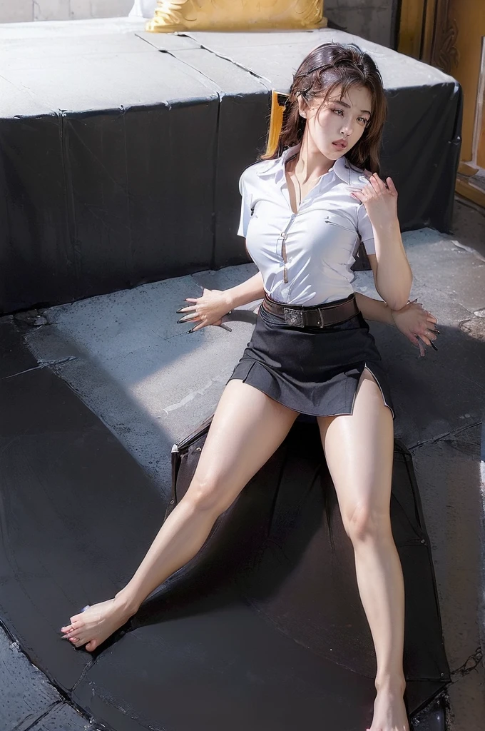 The shirt fell off, revealing her large breasts on the bed.,, 1 woman, ((Thai University Uniform:1.6)), from the front, Shiny skin, fine hair, detailed face, Detailed eyes, long hair, ((natural smooth)), beautiful body, ((Fine fabric, button down white shirt, belt, (black tight skirt), short skirt:1.3, , ((Place both hands on the sides of her thighs.:1.9)), on the floor, bedroom, (8K, Highest quality, Masterpiece:1.2, very detailed), (realistic, photorealistic:1.4), beautiful illustrations, The light in the room is dim.,realistically.realistic