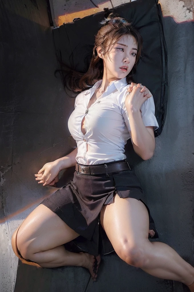 The shirt fell off, revealing her large breasts on the bed.,, 1 woman, ((Thai University Uniform:1.6)), from the front, Shiny skin, fine hair, detailed face, Detailed eyes, long hair, ((natural smooth)), beautiful body, ((Fine fabric, button down white shirt, belt, (black tight skirt), short skirt:1.3, , ((Place both hands on the sides of her thighs.:1.9)), on the floor, bedroom, (8K, Highest quality, Masterpiece:1.2, very detailed), (realistic, photorealistic:1.4), beautiful illustrations, The light in the room is dim.,realistically.realistic