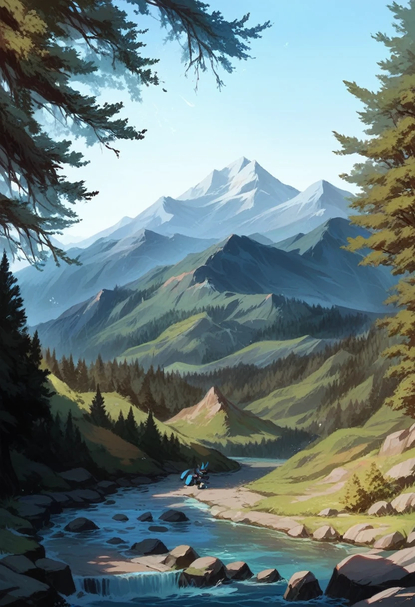 Landscape with mountains, stream, with Cinderace and Lucario having sex