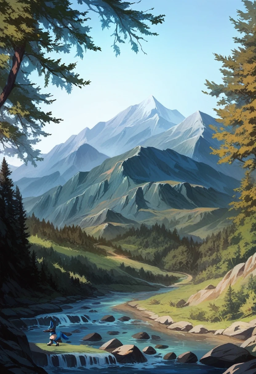 Landscape with mountains, stream, with Cinderace and Lucario having sex
