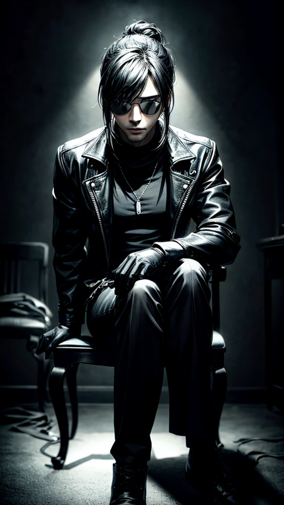 a stylish korean man with long hair tied in bun, wearing black round sunglasses, black leather gloves, dark clothing, sitting on a chair in a dark environment, dynamic point of view, best quality, ultra-detailed, photorealistic, vivid colors, dramatic lighting, chiaroscuro, dark and moody atmosphere, masculine, charismatic, punk style