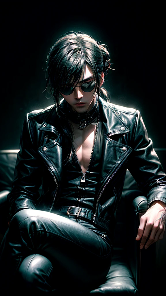 a stylish korean man with long hair tied in bun, wearing black round sunglasses, black leather gloves, dark clothing, sitting on a chair in a dark environment, dynamic point of view, best quality, ultra-detailed, photorealistic, vivid colors, dramatic lighting, chiaroscuro, dark and moody atmosphere, masculine, charismatic, punk style