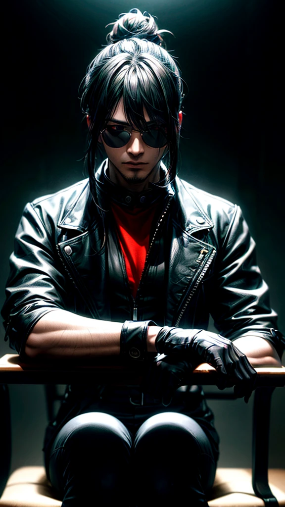 a stylish korean man with long hair tied in bun, wearing black round sunglasses, black leather gloves, dark clothing, sitting on a chair in a dark environment, dynamic point of view, best quality, ultra-detailed, photorealistic, vivid colors, dramatic lighting, chiaroscuro, dark and moody atmosphere, masculine, charismatic, punk style