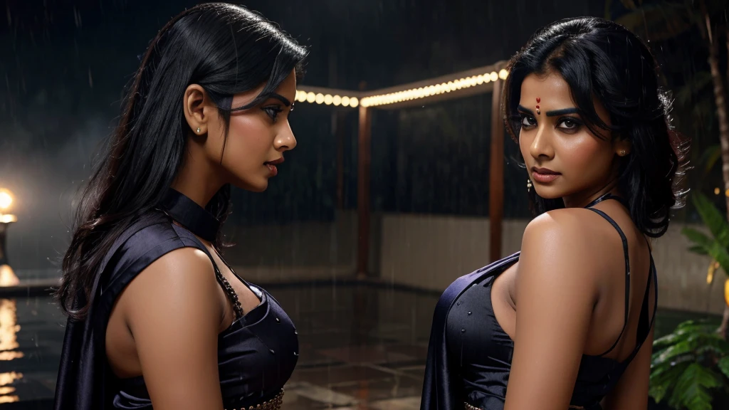 TWO INDIAN BOLLYWOOD LESBIAN BOTH RIVALS STARE EACH OTHER SO ANGRY IN RAIN BOTH WEARING SATIN BLACK SAARI BIG ASS