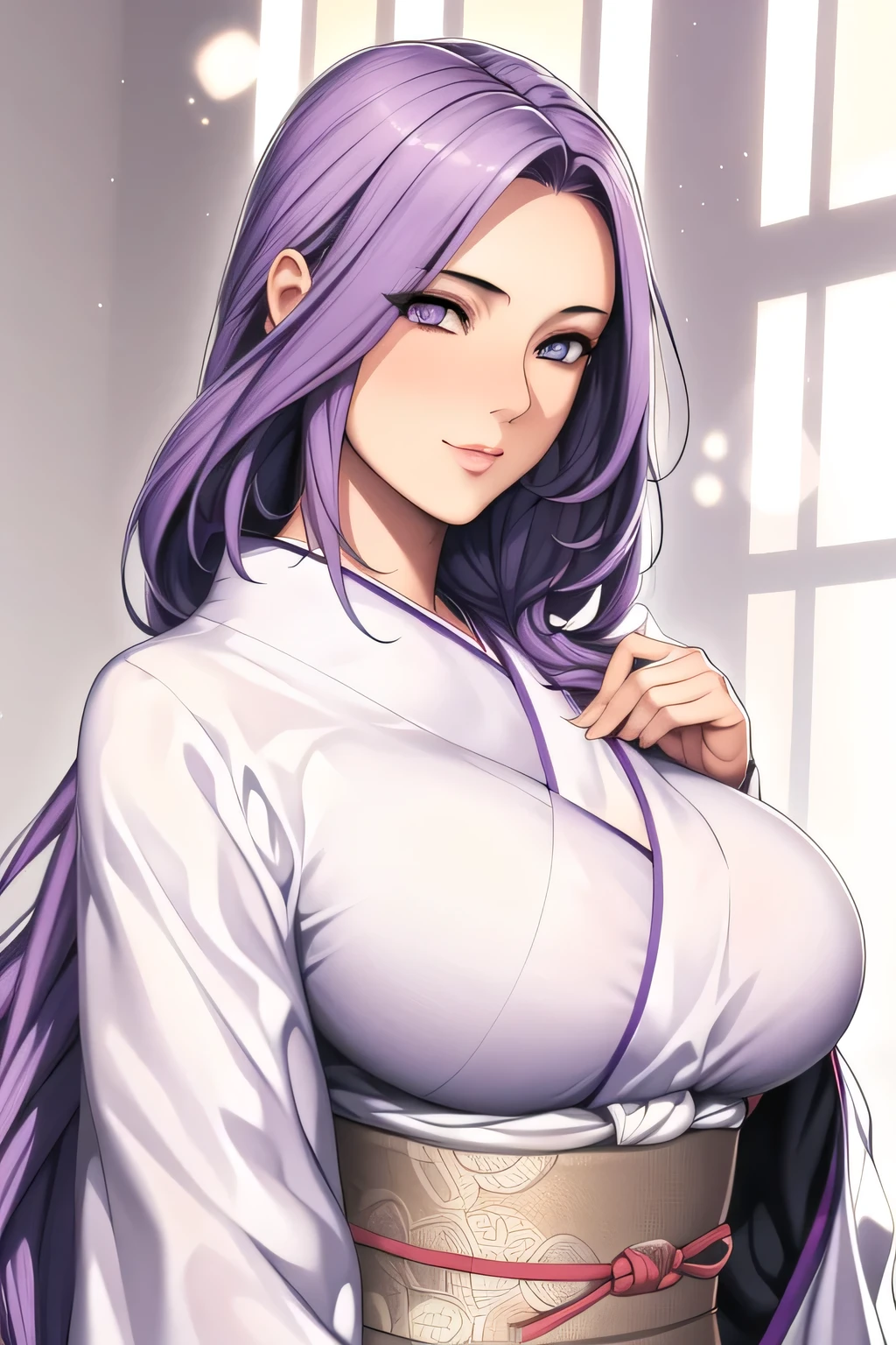 Simple White Background,
dynamic pose,standing at attention,
White_kimono,long sleeves, wide sleeves, 
purple_hair, long_hair, hair_pulled_back,parted_lips,purple_eyes, Single_braid,
1 girl, 20yo,Young female,Beautiful long legs,Beautiful body,
Beautiful Nose,Beautiful character design, perfect eyes, perfect face,expressive eyes,perfect balance,
looking at viewer,(Focus on her face),closed mouth, (innocent_big_eyes:1.0),(Light_Smile:0.3),
official art,extremely detailed CG unity 8k wallpaper, perfect lighting,Colorful, Bright_Front_face_Lighting,White skin,
(masterpiece:1.0),(best_quality:1.0), ultra high res,4K,ultra-detailed,
photography, 8K, HDR, highres, absurdres:1.2, Kodak portra 400, film grain, blurry background, bokeh:1.2, lens flare, (vibrant_color:1.2),professional photograph,
(Beautiful,large_Breasts:1.4), (beautiful_face:1.5),(narrow_waist),