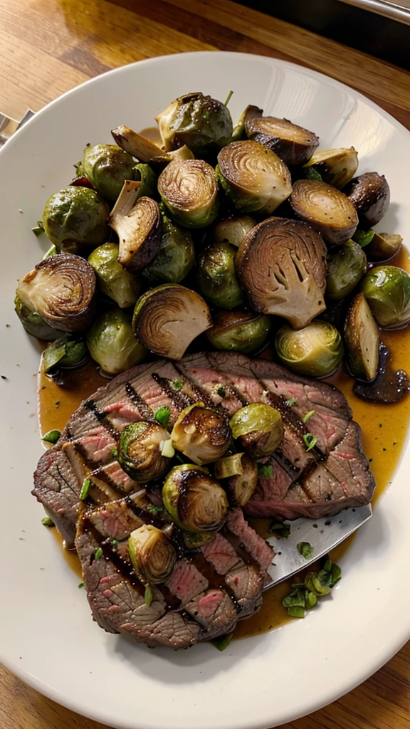 Steak with roasted Brussels sprouts and a side of garlic butter mushrooms