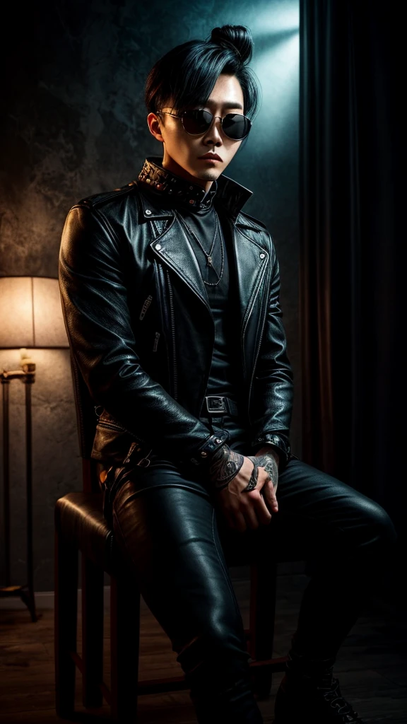 a stylish korean man with long hair tied in bun, wearing black round sunglasses, black leather gloves, dark clothing, sitting on a chair in a dark environment, dynamic point of view, best quality, ultra-detailed, photorealistic, vivid colors, dramatic lighting, chiaroscuro, dark and moody atmosphere, masculine, charismatic, punk style