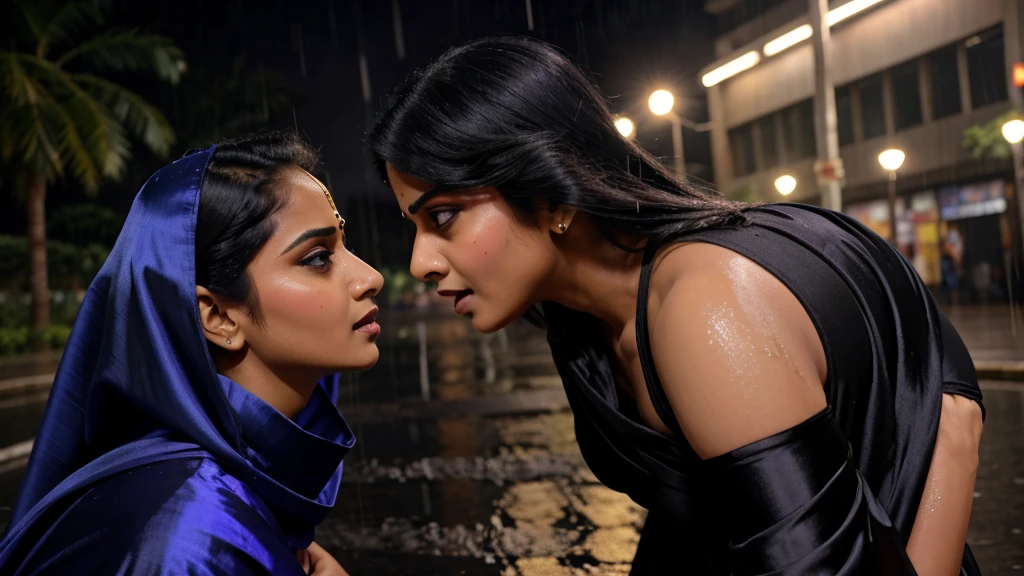 TWO INDIAN BOLLYWOOD LESBIAN BOTH RIVALS STARE EACH OTHER SO ANGRY IN RAIN BOTH WEARING SATIN BLACK SAARI BIG ASS BOTH EYES IN HATE FOR EACH OTHER FULL WET IN RAIN IN LATE NIGHT STREET