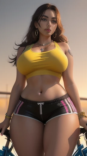 a woman in a white top and pink shorts is standing next to a bike with a yellow background and, by Quentin Tarantino, 1girl, bracelet, brown_hair, jewelry, letterboxed, lips, long_hair, makeup, ??????????????, midriff, nail_polish, navel, necklace, nose, orange_sky, pink_shorts, realistic, shorts, solo, sun, sunset, tattoo,wristband, yellow_background, yellow_sky, beautiful detailed glow, detailed, Cinematic light, intricate detail, highres, detailed facial features, high detail, sharp focus, smooth, aesthetic, extremely detailed, stamp, octane render,(???????????:1.3), (thick thighs:1.4)
