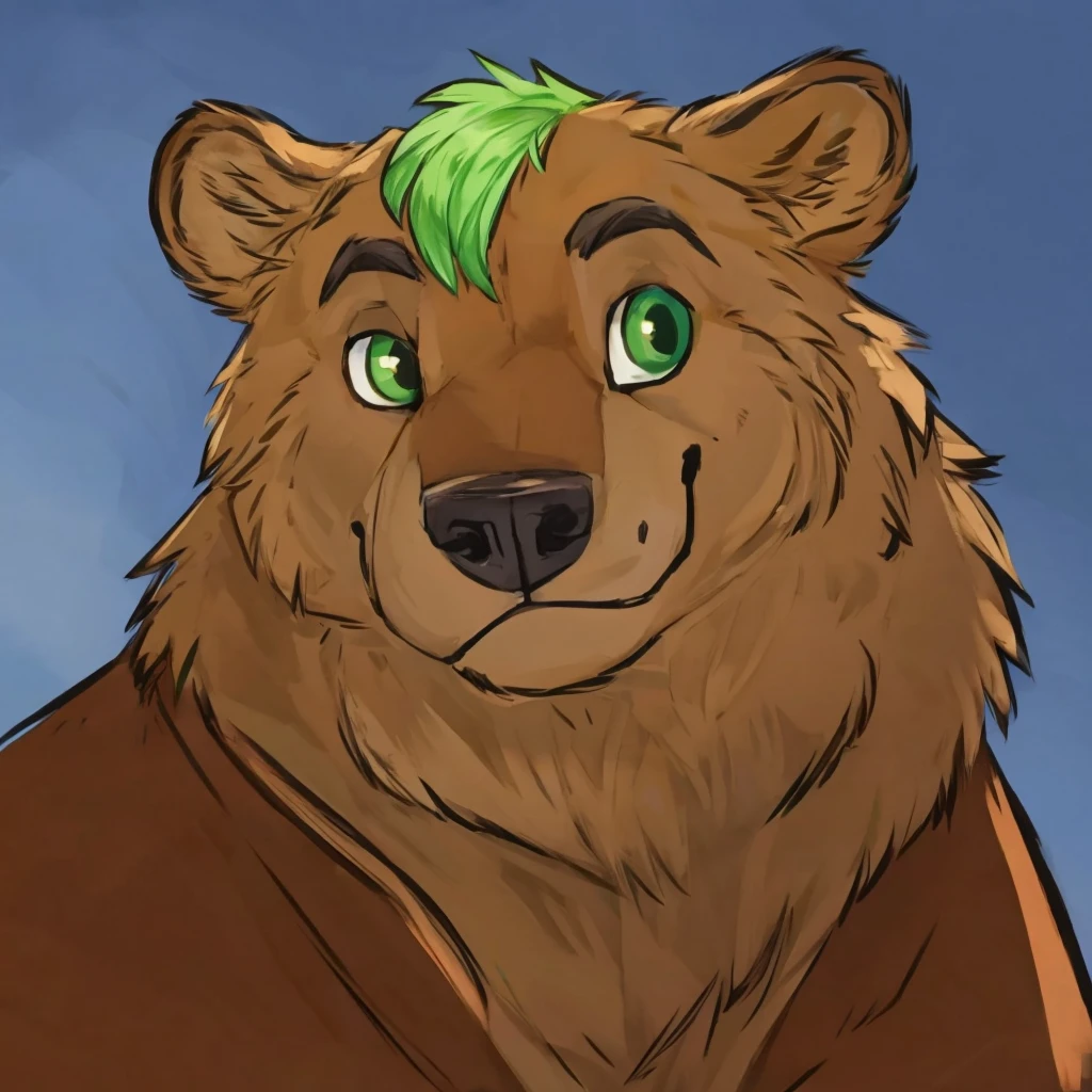 portrait of anthropomorphic grizzly bear with a green hair, closed smile, high quality furry art.