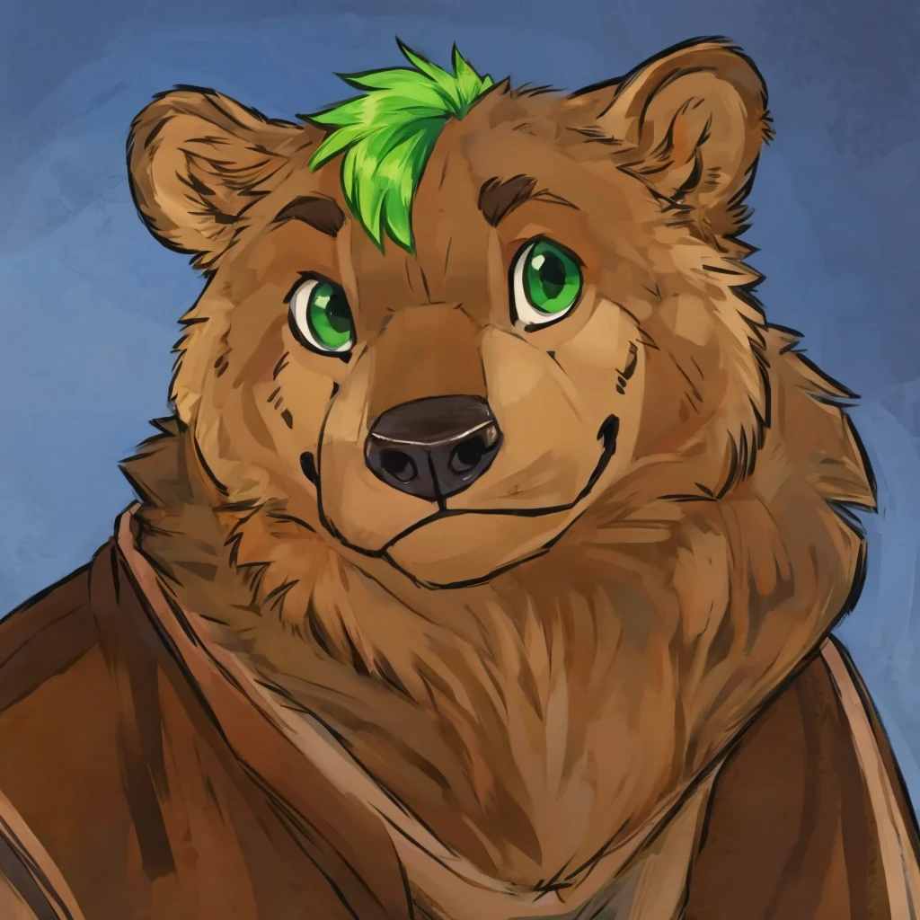 portrait of anthropomorphic grizzly bear with a green hair, closed smile, high quality furry art.