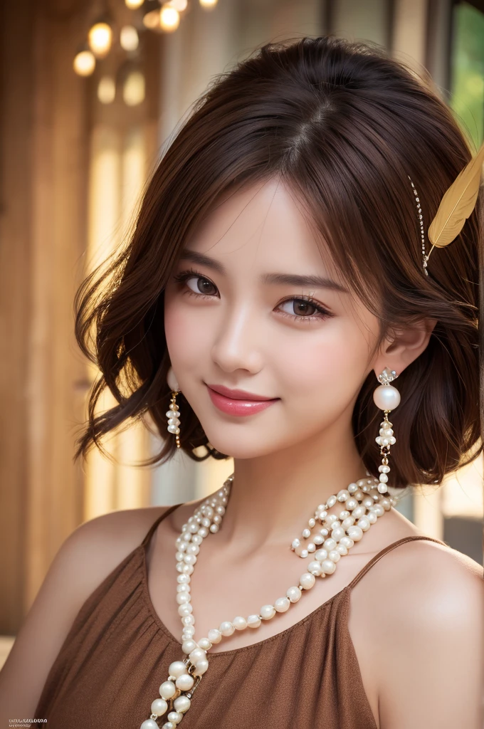 (8k, RAW photo, best quality, masterpiece:1.2),(High detail RAW color photo professional close photograph),(realistic, photo-realistic:1.37),(best shadow),(best illustration), (ultra high res,extremely detailed CG unity 8k wallpaper),(physically-based rendering),(cinematic lighting), (upper body portrait), sanachan, twicesana, 1Scientist, 1girl, solo, jewelry, wink, smile, brown hair, earrings, feathers And pearls top, 