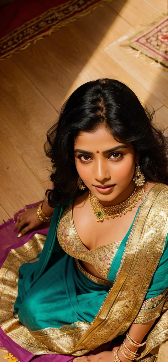 A photorealistic portrait of a 30-year-old Indian woman featuring luscious black hair and a radiant complexion, draped in a dupatta chunni and shimmering jewelry, while elegantly creating a colorful rangoli on the floor. The focus should be on her natural beauty, with special attention given to her perfect  and nipple, as well as the detailed jewelry and intricate rangoli pattern. The scene should be bathed in soft, warm light, capturing the peaceful and artistic moment.