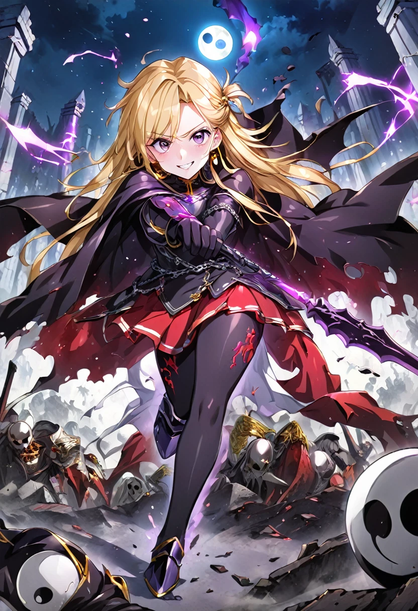 dark persona, Feeling dark energy, destroying, killing people, pile of corpses, at midnight, moon, ecstasy, looking at viewer, armor, fighting stance, happy, blush, evil grin, black leg armor, knight, long hair, octagonal yin yang mirror, purple eyes, audience, pillars of purple fire, 1 woman, black cape, runes, black dress, Ruined city, gold decoration, Summoning a dark sword, at midnight, gold hair, earring, chains, yin yang, red skirt, beautiful art, depth of field, high res, perfect face, detailed outfit