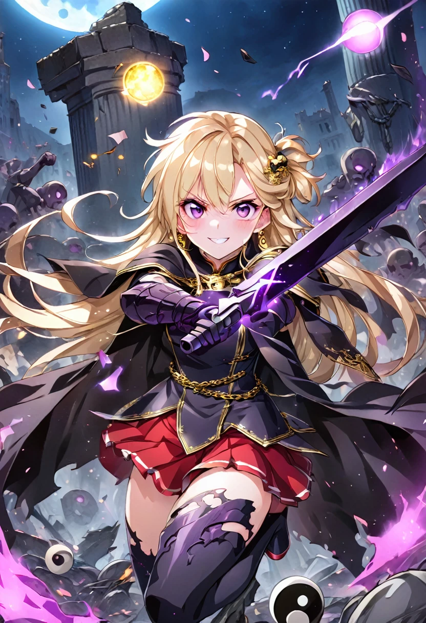 dark persona, Feeling dark energy, destroying, killing people, pile of corpses, at midnight, moon, ecstasy, looking at viewer, armor, fighting stance, happy, blush, evil grin, black leg armor, knight, long hair, octagonal yin yang mirror, purple eyes, audience, pillars of purple fire, 1 woman, black cape, runes, black dress, Ruined city, gold decoration, Summoning a dark sword, at midnight, gold hair, earring, chains, yin yang, red skirt, beautiful art, depth of field, high res, perfect face, detailed outfit