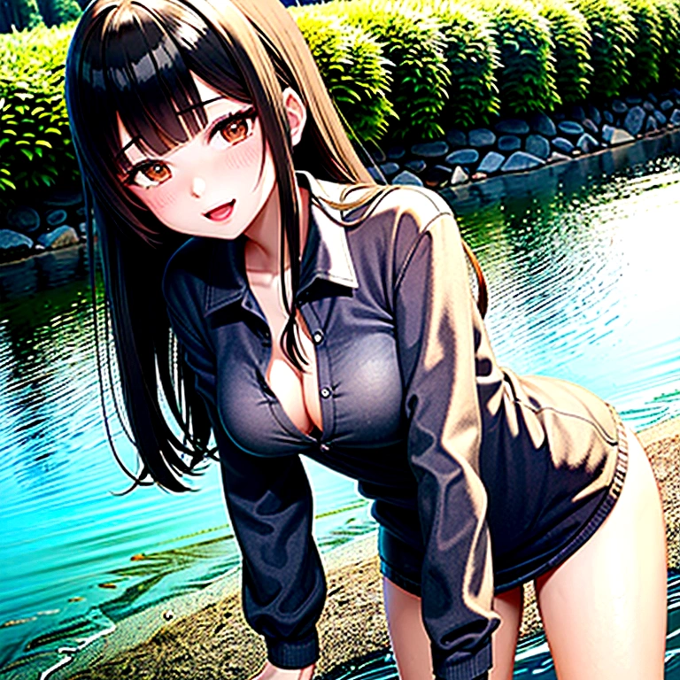 NSFW,Girl playing in the river,high school student,Japanese,((See-through shirt, uniform),, black hair ,no good,medium breast,