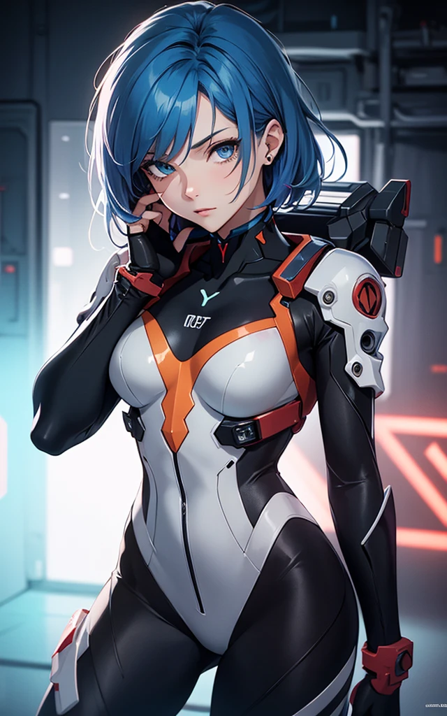 (((Adult Woman))), ((Best Quality)), ((masutepiece)), (Detailed: 1.4), (Absurd), Genesis evangelion neon style clothing, 2-piece clothing, bobhair, arm tatoo, cybernetic hands, pastel, Centered, scale to fit the dimensions, nffsw (High dynamic range),Ray tracing,NVIDIA RTX,Hyper-Resolution,, Anisotropy Filtering, Multilayer textures, accurate simulation of light and material interactions, Perfect proportions, Octane Render, Two-tone lighting, Wide aperture, Crysisnanosuit,Blue hair, Blue eyes, Hyper Realistic