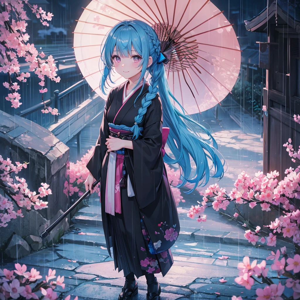 sky Blue hair, (braided ponytail),(pink eyes),fair skin ,(full body),(1 girl),smile,Straight Bangs,(masterpiece, best quality, ultra-detailed, best shadow), (detailed background), (beautiful detailed face), high contrast, (best illumination, an extremely delicate and beautiful), ((cinematic light)), colorful, hyper detail, dramatic light, intricate details,rain shower,kyoto,Japanese Umbrella,black kimono,