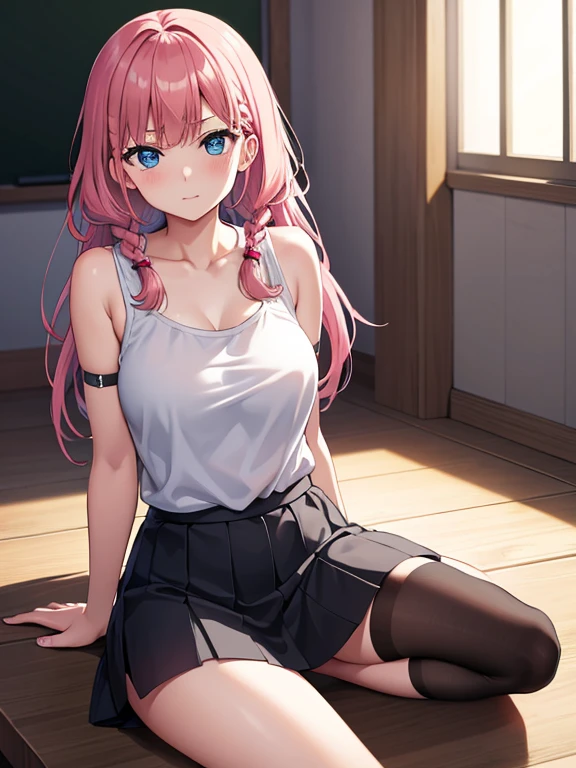 mafuyu kirusu sitting in bench, black t-shirt, sexy body and curves, black thighs, visible shoulder, blur crystal eyes, blue eyes, braid, long hair, twin braids, pink hair, short skirt, BREAK looking at viewer, BREAK indoors, classroom, BREAK (masterpiece:1.2), best quality, high resolution, unity 8k wallpaper, (illustration:0.8), (beautiful detailed eyes:1.6), extremely detailed face, perfect lighting, extremely detailed CG, (perfect hands, perfect anatomy), angry face, seducing face, short t-shirt, visible hip and waist, black long socks, visible shoulder, visible bra straps
