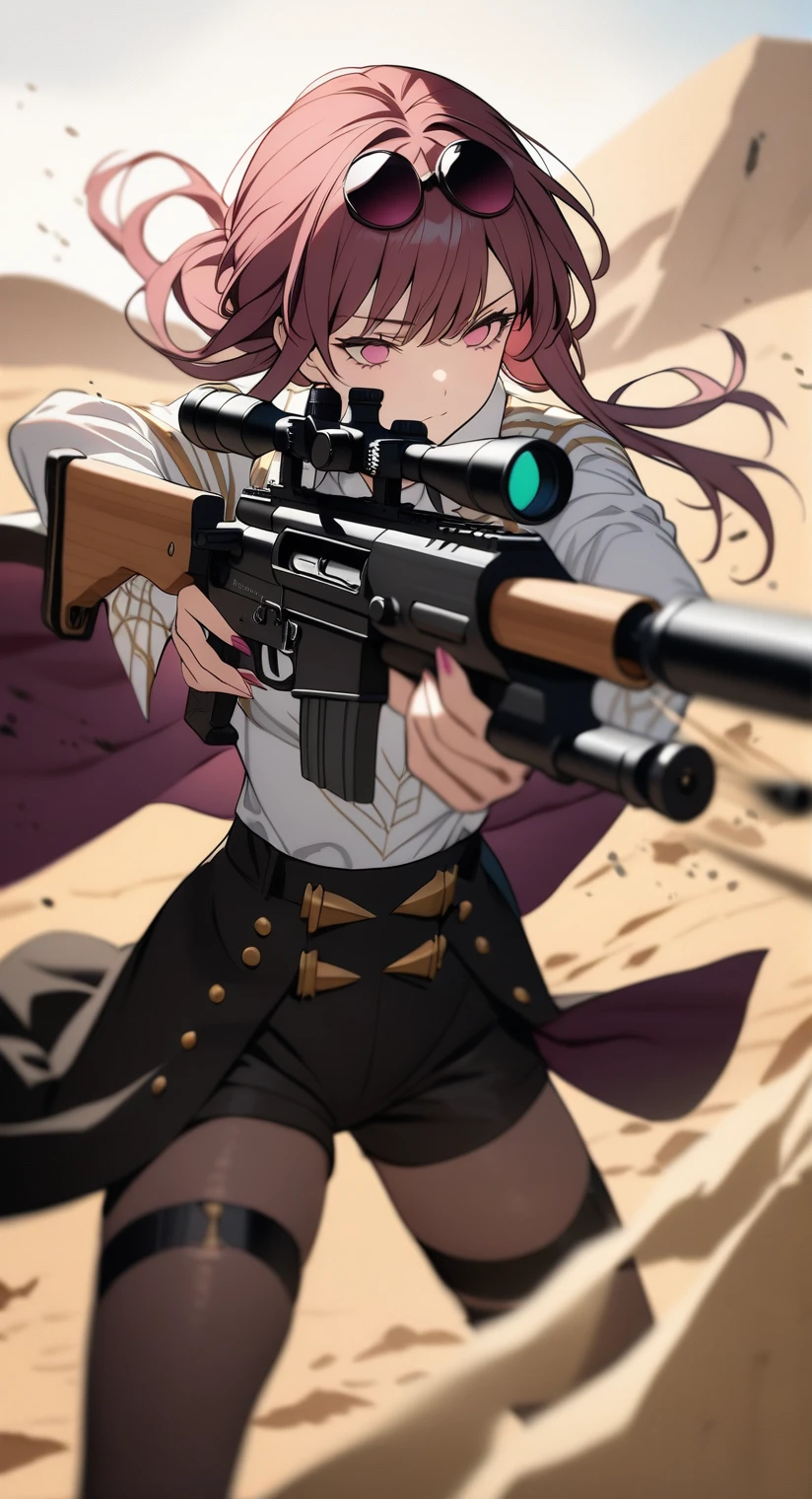 (best quality, ultra detailed), 1girl, kafka,solo, action shot, aiming, Holding a assault rifle, Sniper Rifle, goggles, cloak, motion-blur, desert, sand dust, trajectory, maneuver, oil film, film grain, very aesthetic, ultra high res, absurdres,Style-Volumetric
