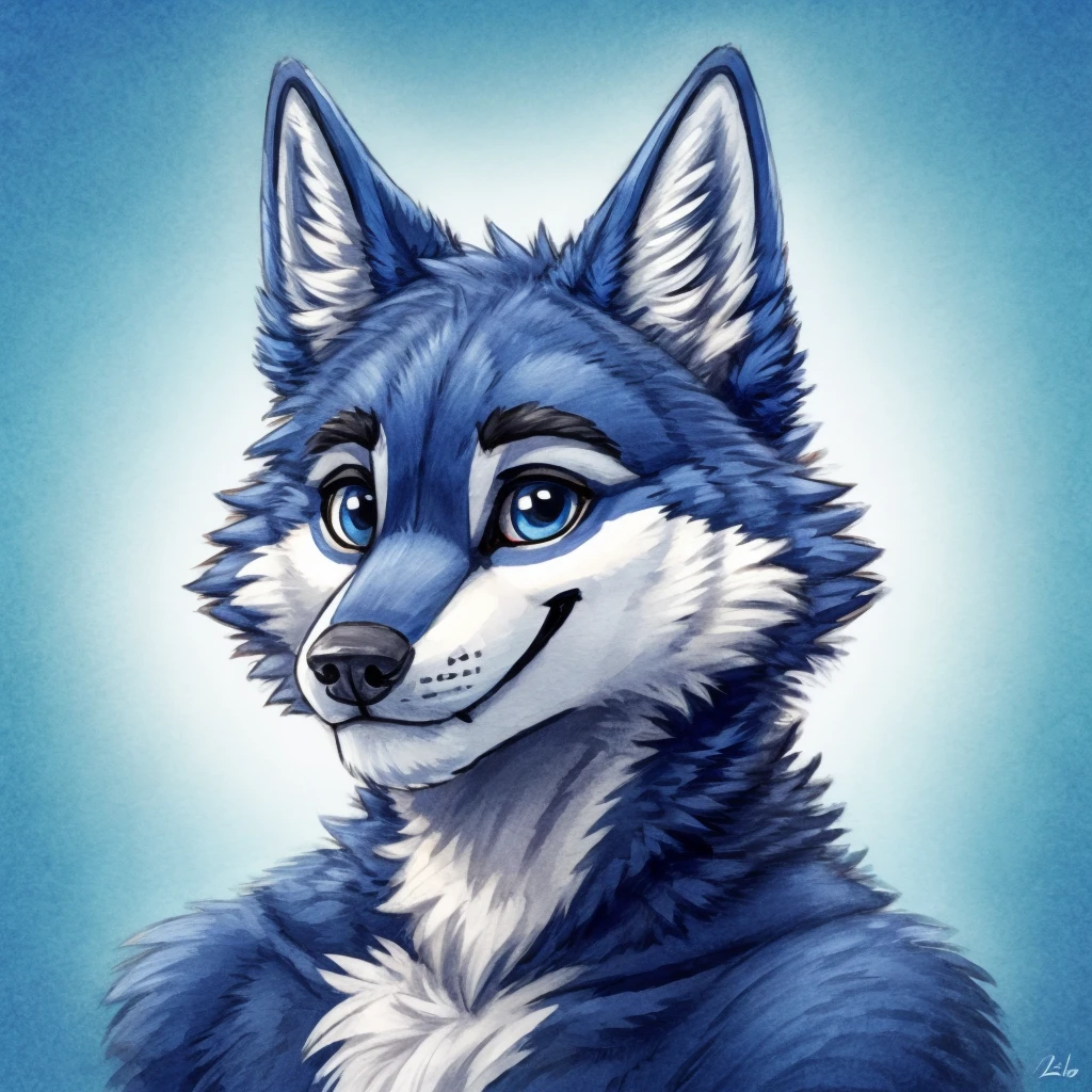 a anthropomorphic blue colored wolf, closed smile, high quality furry art, high quality furry ref, cute.