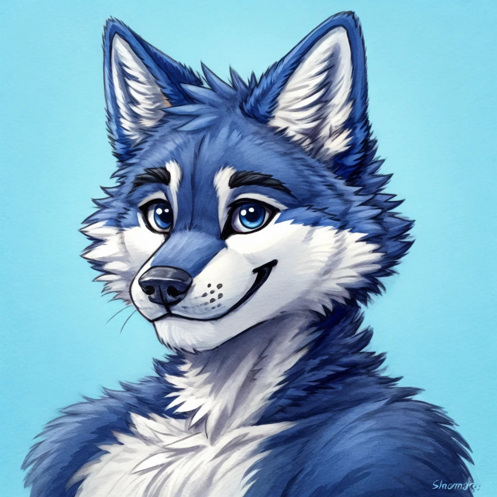 a anthropomorphic blue colored wolf, closed smile, high quality furry art, high quality furry ref, cute.
