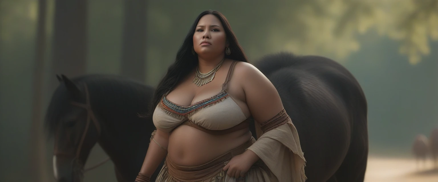 ((masterpiece)), ((best quality)), ((highres)), ((extremely detailed)), ((long shot, side view)), 1 black skinned large BBW girl as Pocahontas costume, full body, Beautiful Native American woman, mature woman, Big breast, (super realistic), (peerless beauty), detailed skin texture, detailed cloth texture, beautiful detailed face, intricate details, ultra detailed, indigenes feather jewelry, feather headdress, traditional handmade dress, (((riding on a huge fat Clydesdale horse))), (((road in the middle of the sparse wood))), ultra realistic, concept art, elegant, ((intricate)), ((highly detailed)), depth of field, ((professionally color graded)), cool ambient lighting, bright midday sun, (Best quality, A high resolution, Photorealistic, primitive, 8K,Masterpiece, ),Best quality, Masterpiec8K.hdr, (vivd colour:1.10). whole of horse and rider in full complete side view