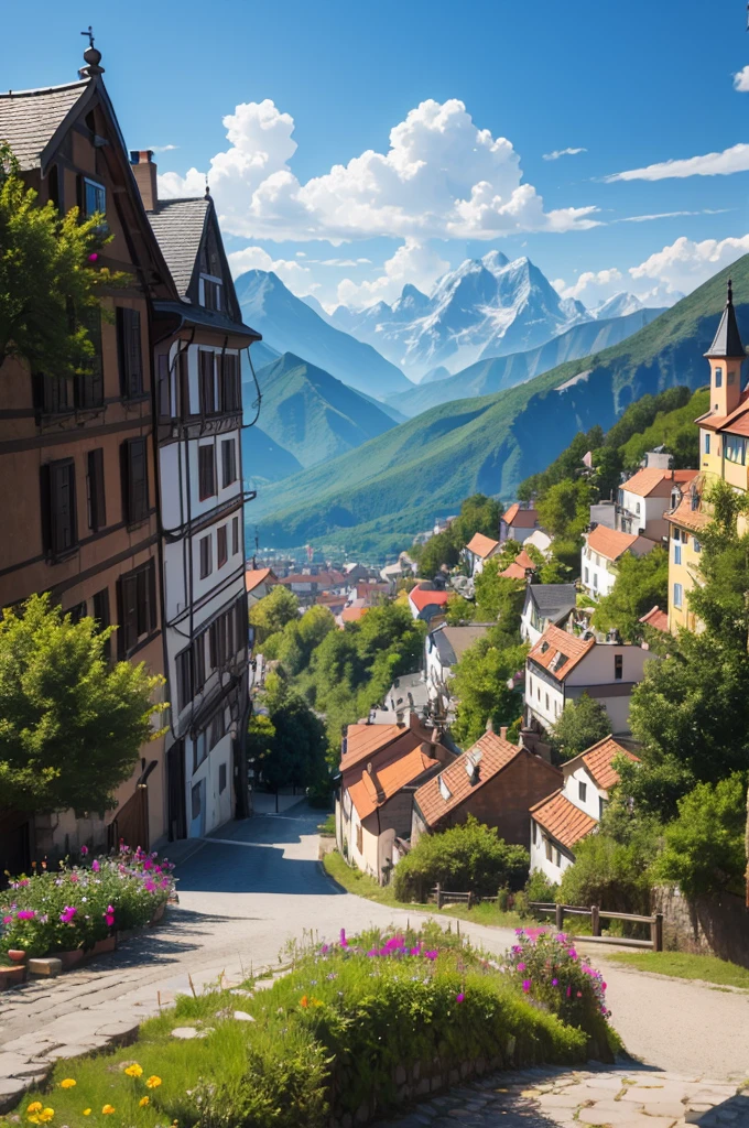 create a person on a mountain, looking and seeing cars, houses, tourist attractions in Europe