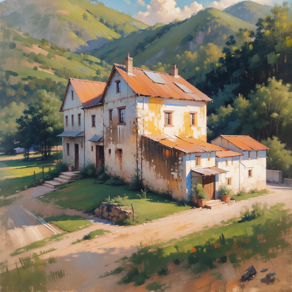 Mountain landscape impression | vintage oil painting, (OLD HOUSE ) AERIAL VIEW OF MINAS GERAIS - SUNSET