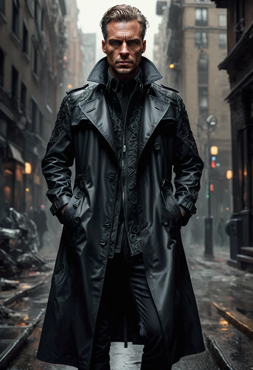 Black Trench Coat, full body, by Peter Lindberg, best quality, masterpiece, very aesthetic, perfect composition, intricate details, ultra-detailed
