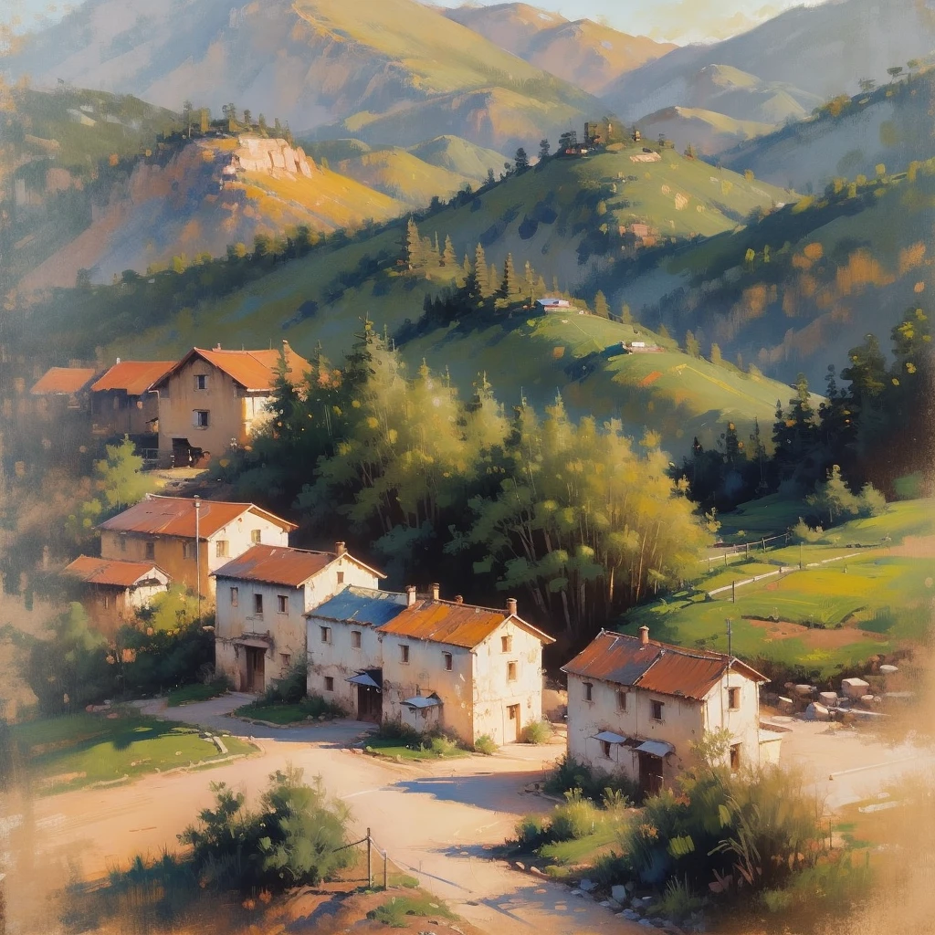 Mountain landscape impression | vintage oil painting, (OLD HOUSE ) AERIAL VIEW OF MINAS GERAIS - SUNSET