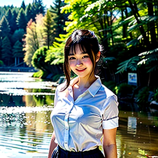 NSFW,Girl playing in the river,high school student,Japanese,((See-through shirt, uniform),, black hair ,no good,medium breast,