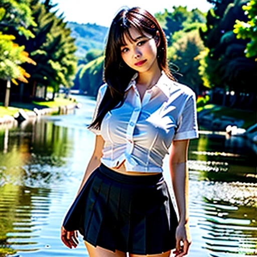 ????,Girl playing in the river,high school student,Japanese,((See-through shirt, uniform),17 years old, black hair ,no good,medium ??????,