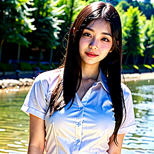 NSFW,Girl playing in the river,high school student,Japanese,((See-through shirt, uniform),17 years old, black hair ,no good,medium breast,