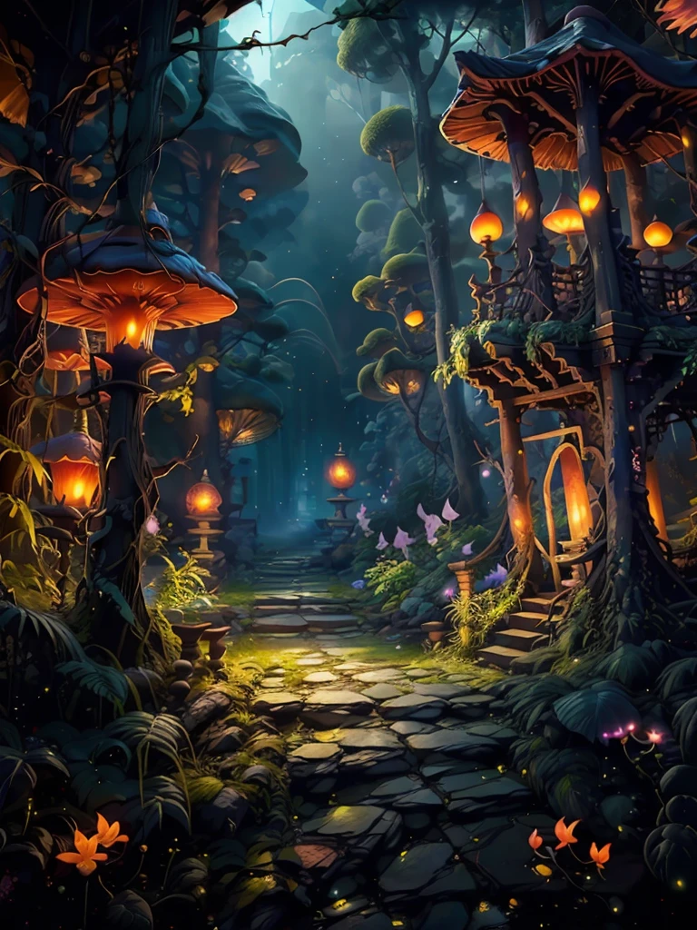 Masterpiece, best quality, 8K, high res, ultra-detailed, no humans, beautiful view, ultra -detailed, fine detailed, highly detailed, intricate, highly detailed, ultra-detailed, scenery, misty atmosphere, solitary, intricate details, delicate features, deep forest, wisps of light, pristine, japanese temple, mysticism, night, red lanterns burning, fireflies, fiery butterflies, gloomy atmosphere, temple in the forest, mossy stairway in the temple, mysterious forest, dilapidated temple, sanctuary, will-o'-the-wisps, dilapidated temple, field of spider lily flowers,wild nature oil painting