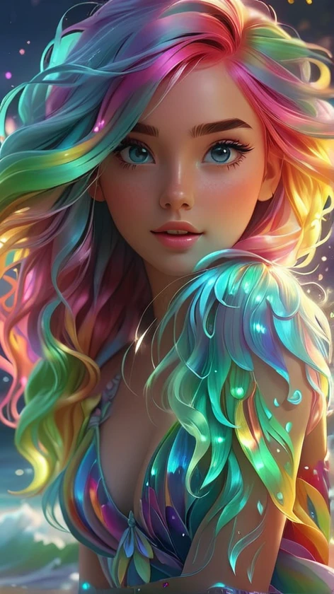 Beautiful girl 20 years old with bright hair and a rainbow dress, colorful digital fantasy art, Rossdros Pastel Bright, Rossdraws cartoon bright, beautiful digital artwork, Colorful glow, gorgeous digital art, glows with colored light, Portrait of a girl with a glowing wave, Detailed 4K digital art, Highly detailed 4K digital art, bright fantasy style, beautiful digital art, beautiful gorgeous digital art, glowing colors