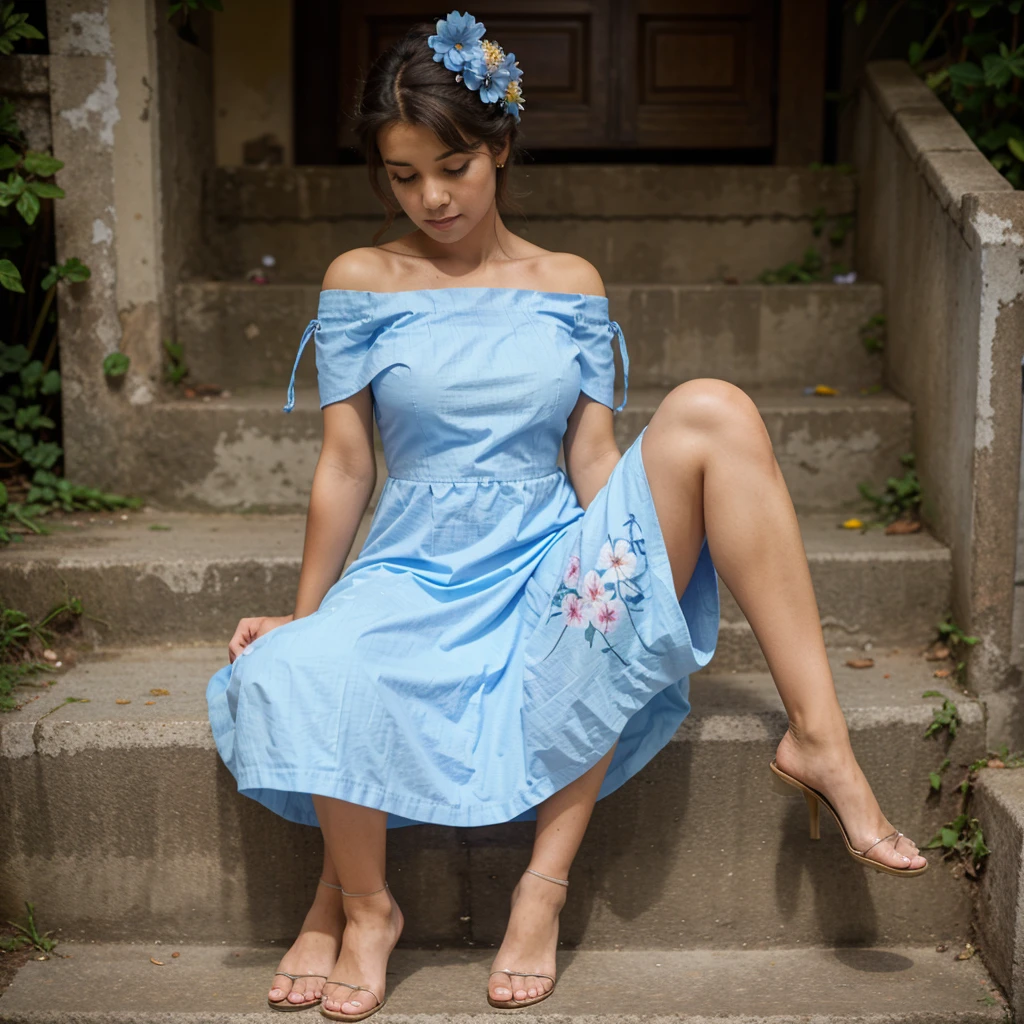 A single, one pretty Woman sitting on steps with legs crossed wearing a light blue off shoulder cotton frock with flowers designed on it she has big and hot body, in a background of Srilanka