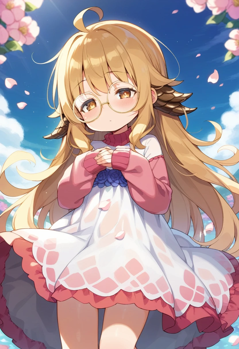 score_9, score_7_up, score_6_up, 1girl, source_cartoon, source_anime,breathtalking Scenery,watercolor,smooth soft skin, natural skin,anime screencap,mjm,rating_questionable
BREAK
(round glasses:1.5), (:1.6),ecru beige hair,(half closed eyes:1.1),beige eyes,kawaii,(highlight on eyes:1.1),(cute face:1.1),baby face,
BREAK
(sleeves past hands:1.6), (sleeves past wrists:1.3),(hands are hidden in sleeves:1.3),sleeves past fingers
BREAK
(excessive messy hair:1.4), excessive long messy hair with bed head, excessive long hair, antenna hair, (ahoge:1.2),sleepy,
BREAK
Transparent scales dress made of petals material,scales dress inspired by flower petals,(scales dress fused with flower petals:1.5),pink turtleneck,