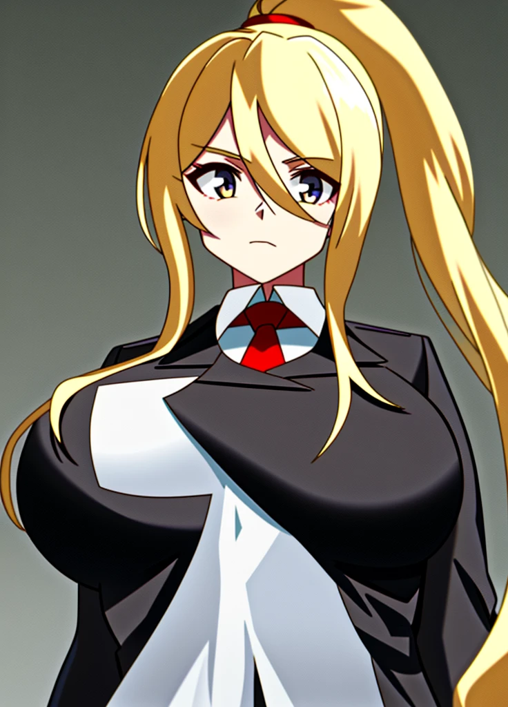 1girl, solo, long hair, , looking at viewer, shirt, long sleeves, hair between eyes, closed mouth, very long hair, jacket, upper body, ponytail, sidelocks, necktie, huge breastsd bangs, blazer,