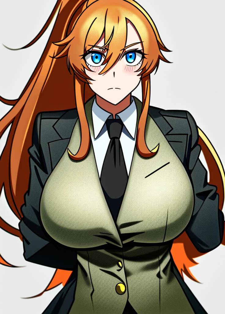 1girl, solo, long hair, breasts, looking at viewer, shirt, long sleeves, hair between eyes, closed mouth, very long hair, jacket, upper body, ponytail, sidelocks, necktie, huge breasts, parted bangs, blazer,