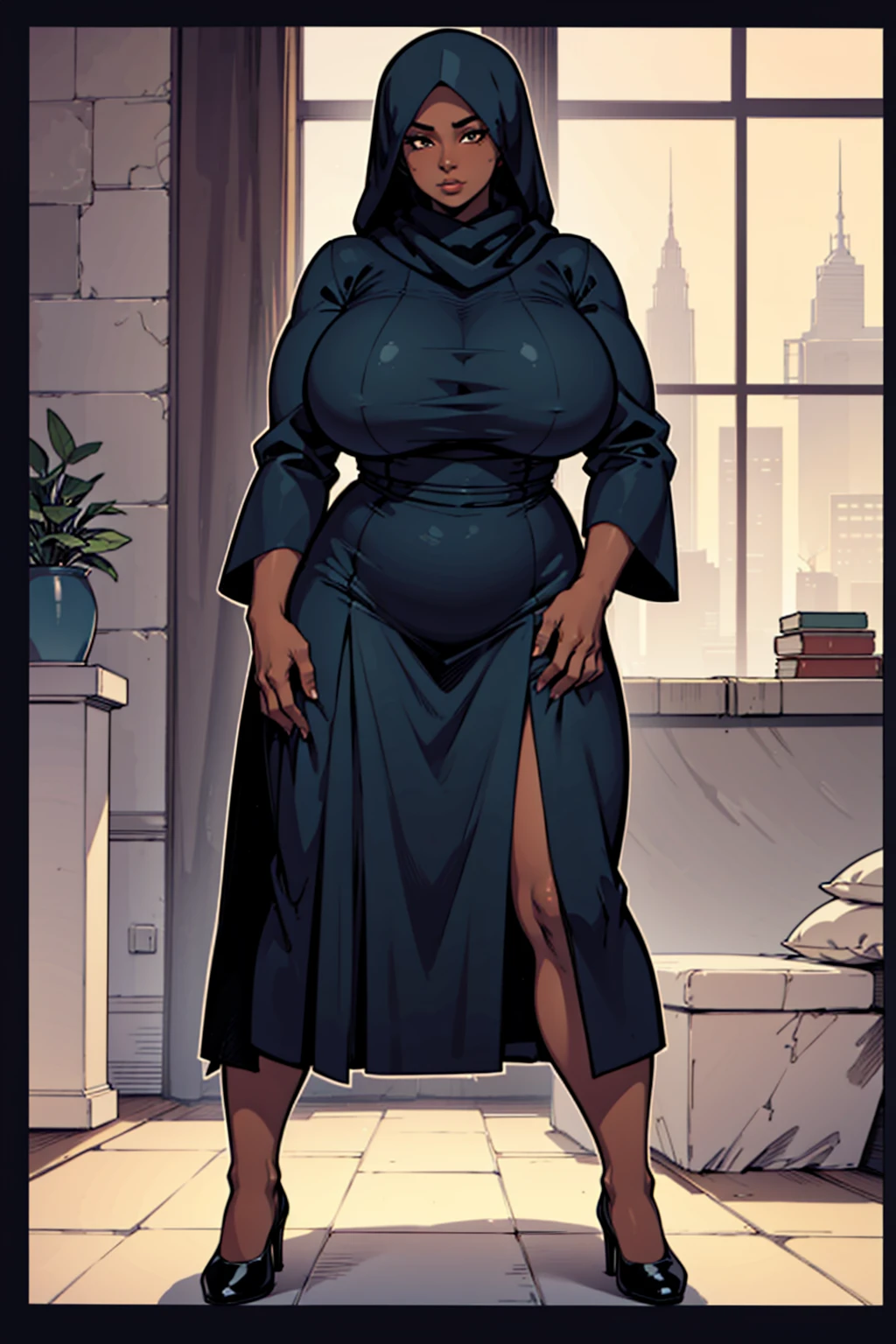 digital art, highly detailed, reference sheet, standing pose, legs uncrossed, one hand pulling at cheek, feminine features, dark skin, overweight, curvy, corpulent, portly, mature woman, adult female, whole body, bald, form-fitting, abaya dress, scarf, long sleeves, long skirt, shoes, 1woman, solo, upper body, lower body, ((Extremely Detailed)), ((Best Quality)), ((Masterpiece)), ((4k)).