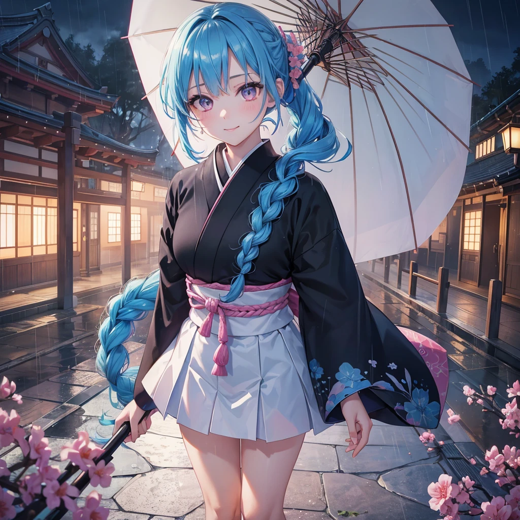 sky Blue hair, (braided ponytail),(pink eyes),fair skin ,(full body),(1 girl),smile,Straight Bangs,(masterpiece, best quality, ultra-detailed, best shadow), (detailed background), (beautiful detailed face), high contrast, (best illumination, an extremely delicate and beautiful), ((cinematic light)), colorful, hyper detail, dramatic light, intricate details,rain shower,kyoto,Japanese Umbrella,black kimono,