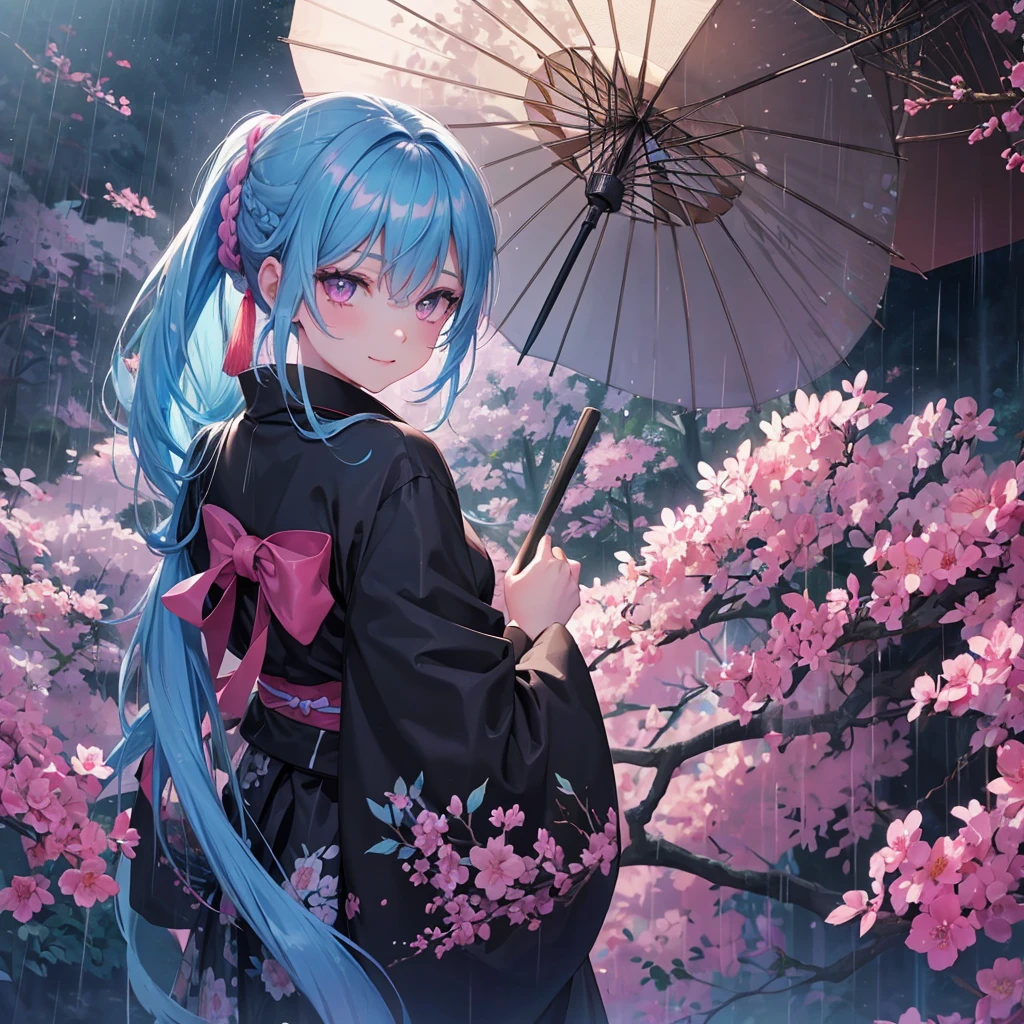 sky Blue hair, (braided ponytail),(pink eyes),fair skin ,(full body),(1 girl),smile,Straight Bangs,(masterpiece, best quality, ultra-detailed, best shadow), (detailed background), (beautiful detailed face), high contrast, (best illumination, an extremely delicate and beautiful), ((cinematic light)), colorful, hyper detail, dramatic light, intricate details,rain shower,kyoto,Japanese Umbrella,black kimono,